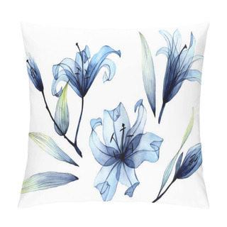 Personality  Watercolor Set With Transparent Flowers And Leaves. Transparent Blue Lilies In Pastel Colors. Elements Isolated On White Background. Design For Wedding Pillow Covers