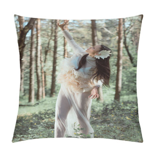 Personality  Beautiful Woman In White Swan Costume Standing In Forest, Closing Eyes Pillow Covers