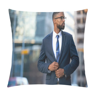 Personality  Stylish Chic Modern Style Business Suit Executive, African American Male Commercial Model, Walking To Swanky Office Workplace Pillow Covers