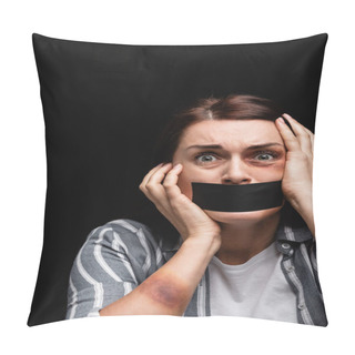 Personality  Frightened Victim Of Domestic Violence With Adhesive Tape On Mouth Looking At Camera Isolated On Black  Pillow Covers