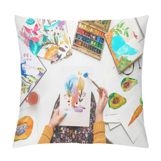 Personality  Top View Of Woman Holding Drawing On Knees And Painting In It With Watercolors Paints While Surrounded By Colored Pictures Pillow Covers