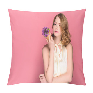 Personality  Pensive Girl Holding Waffle Cone With Violet Flower And Looking Away Isolated On Pink Pillow Covers