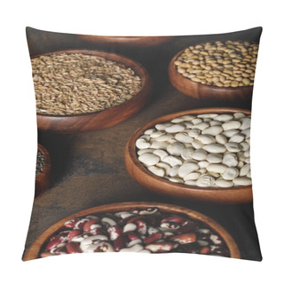 Personality  Variety Of Beans With Oat Groats In Wooden Bowls On Table Pillow Covers
