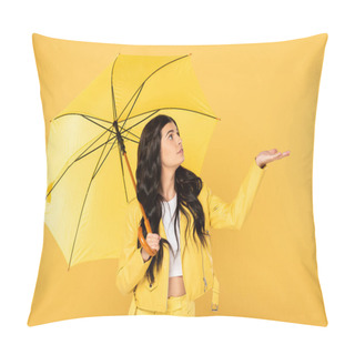 Personality  Beautiful Thoughtful  Girl Posing With Umbrella, Isolated On Yellow Pillow Covers