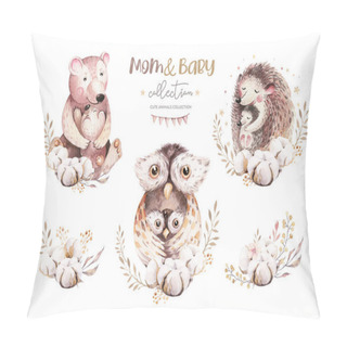 Personality Watercolor Little Owl, Bear Deer And Hedgehog Baby And Mother Watercolour Cartoon Nursery Card. Forest Funny Young Animals Illustration. Mom And Baby Poster Pillow Covers