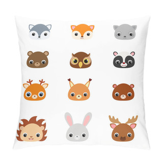 Personality  Cute Forest Animal Heads. Cartoon Character For Baby Print Design, Kids Wear, Baby Shower Celebration, Greeting, Invitation Card. Flat Vector Stock Illustration Pillow Covers