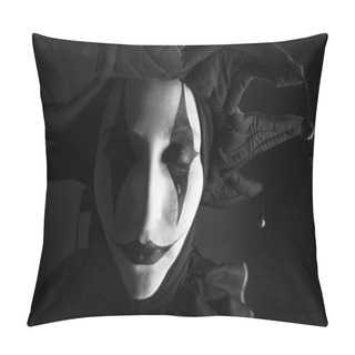 Personality  Sad Crying Jester, Black And White Photo, Close-up. Pillow Covers