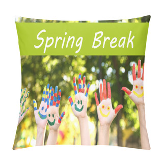 Personality  Spring Break Concept. Smiling Colorful Hands On Nature Background Pillow Covers