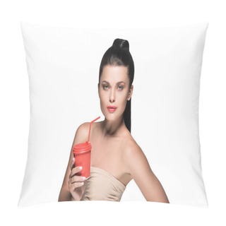 Personality  Woman With Disposable Cup Of Coffee Pillow Covers
