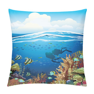 Personality  Coral Reef And Scuba Divers. Pillow Covers