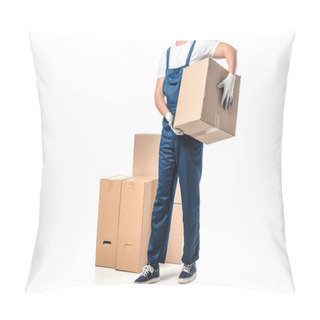 Personality  Cropped View Of Mover In Uniform Carrying Cardboard Box Isolated On White With Copy Space Pillow Covers