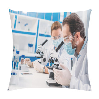 Personality  Selective Focus Of Scientists In Medical Masks Working In Lab Together Pillow Covers