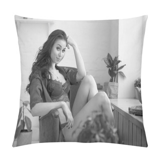 Personality  Sensual Woman Sits Next The Window In Lingerie In Her Apartments Early In The Morning. Black Ang White Picture. Old Hollywood Style. She Looks At Camera And Smile. Pillow Covers