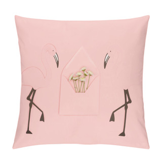 Personality  Close-up View Of Open Pink Envelope With Small White Flowers And Papercut Flamingos Isolated On Pink Pillow Covers