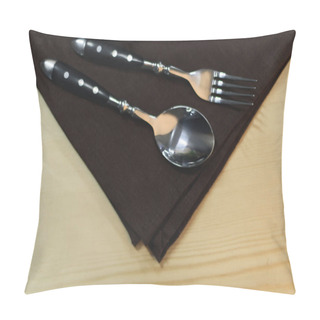 Personality  Close Up View Of Steel Fork And Spoon On Napkin On Wooden Tabletop Pillow Covers