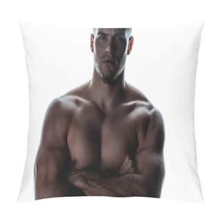 Personality  Sexy Muscular Bodybuilder With Bare Torso Posing With Crossed Arms In Shadow Isolated On White Pillow Covers
