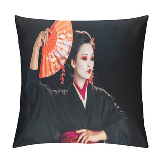 Personality  Beautiful Geisha In Black Kimono With Red Flowers In Hair Holding Traditional Orange Hand Fan Isolated On Black Pillow Covers