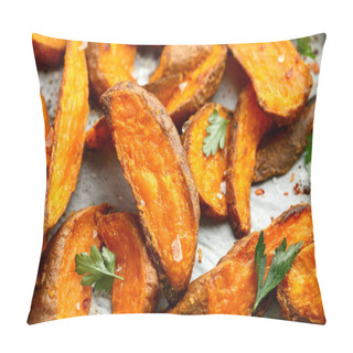 Personality  Healthy Baked Orange Sweet Potato Wedges With Dip Sauce, Herbs, Salt And Pepper. Pillow Covers