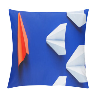 Personality  Top View Of White And Red Paper Planes On Blue Background, Leadership Concept, Panoramic Shot Pillow Covers