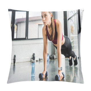 Personality  Beautiful Determined Sportswoman Doing Push Ups With Dumbbells At Fitness Center Pillow Covers