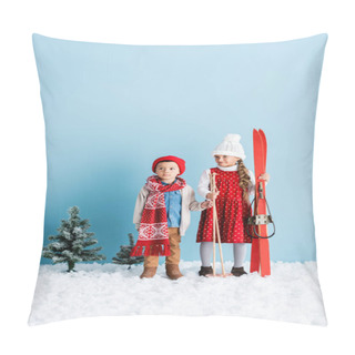 Personality  Girl Holding Ski Poles And Skis While Standing On Snow Near Brother In Winter Outfit On Blue Pillow Covers