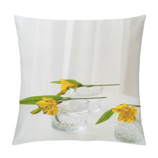 Personality  Yellow Alstroemeria Flowers On Glasses With Water On White Background With Copy Space Pillow Covers