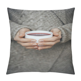 Personality  Girl Holding Cup Of Tea Pillow Covers