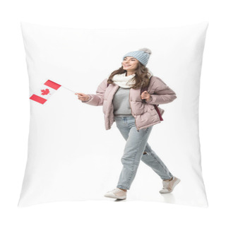 Personality  Smiling Female Student In Winter Clothes With Canadian Flag Isolated On White, Travel Concept Pillow Covers