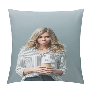 Personality  Young Beautiful Woman With Disposable Cup Of Coffee Pillow Covers