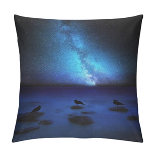 Personality  Night Sky With Milky Way Over Sea Shore With Rocks And Resting Birds Pillow Covers