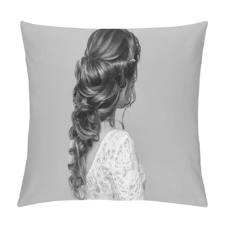 Personality  Brunette Woman With Long And Shiny Curly Hair. Beautiful Model Lady With Curly Hairstyle. Care And Beauty Hair Products. Care And Beauty Of Hair Pillow Covers