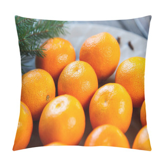 Personality  Tangerines Bright Orange Ripe With Green Leaves On A Gray Plate With Fir Branches On The Wooden Table. Table Setting For Christmas And New Year Dessert Pillow Covers