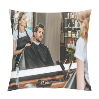Personality  Female Hairstylist Cutting Hair To Handsome Young Man In Beauty Salon Pillow Covers