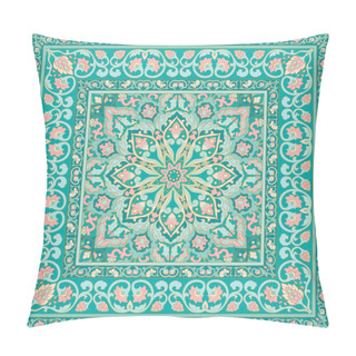 Personality  Oriental Floral Ornament With Frame. Turquoise And Pink Carpet. Template For Textile, Cushion, Shawl, Tapestry, Handkerchief.  Pillow Covers