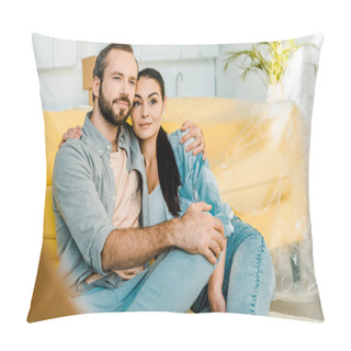 Personality  Husband And Wife Sitting On Couch After Packing For New House, Moving Concept Pillow Covers