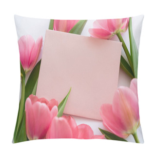 Personality  Close Up Of Pink Tulips Near Pastel Envelope On White Pillow Covers