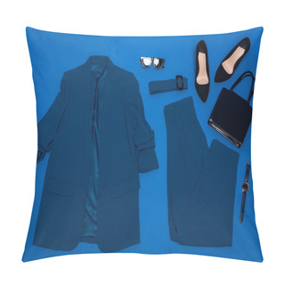 Personality  Top View Of Jacket, Trousers, Heels, Belt, Bag, Wristwatch And Sunglasses Isolated On Blue Pillow Covers