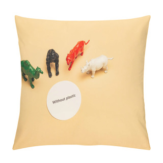 Personality  Colored Toy Animals With Lettering Without Plastic On Card On Yellow Background, Environmental Pollution Concept Pillow Covers