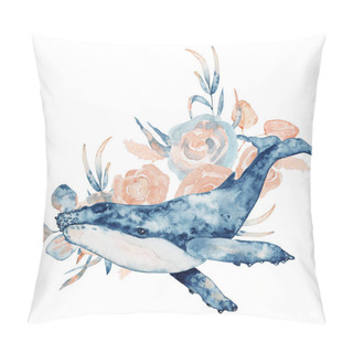 Personality  Watercolor Illustration Of Whale In Blue Color With Floral Composition Isolated On White Background Pillow Covers