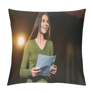 Personality  Cheerful Actress Performing Role With Screenplay On Stage In Theatre Pillow Covers