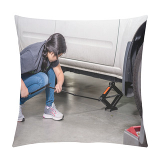Personality  Young Asian Girl Uses A Car Jack To Lift It Up To Change Tire Pillow Covers