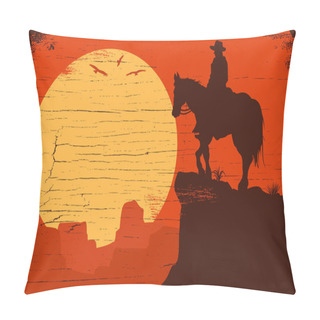 Personality  Silhouette Of Lonesome Cowboy Riding Horse At Sunset, Vector Illustration Pillow Covers