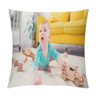 Personality  Baby Boy With Blue Eyes Sitting On Blanket And Playing With Wooden Toy Car Pillow Covers