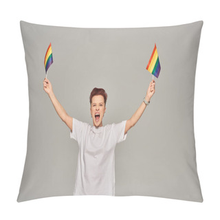 Personality  Excited Queer Person In White T-shirt Standing With Small LGBT Flag And Screaming On Grey Backdrop Pillow Covers