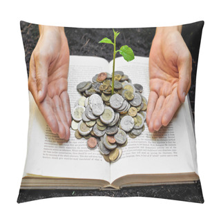 Personality  Hands Caring Tree Growing From Books With Coins Pillow Covers