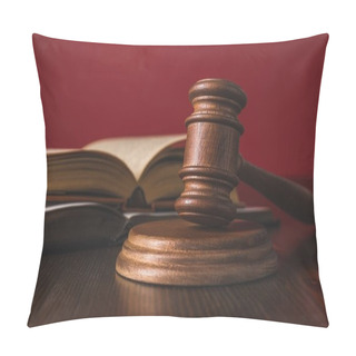 Personality  Opened Juridical Books With Hammer On Wooden Table, Law Concept Pillow Covers