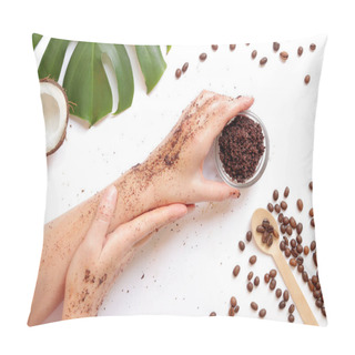 Personality  Female Hands With Natural Homemade Coffee Scrub On A White Background, Ingredients Nearby, Top View. Spa Treatment. Spa Self Care Concept. Flat Lay Composition Pillow Covers
