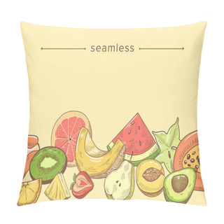 Personality  Seamless Pattern With Fresh Fruits Slices, Doodle Composition With Lime Or Lemon, Strawberry, Papaya, Plum And Carambola Pillow Covers
