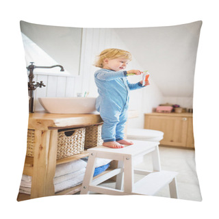 Personality  Cute Toddler Boy Brushing His Teeth In The Bathroom. Pillow Covers