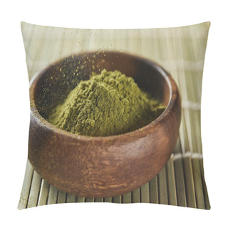 Personality  Selective Focus Of Green Matcha Powder Pouring In Wooden Bowl On Bamboo Table Mat Pillow Covers